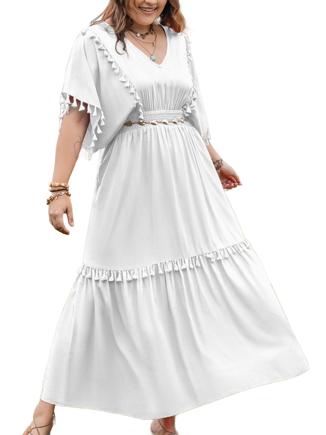 Plus Size Tassel Smocked V-Neck Half Sleeve Dress