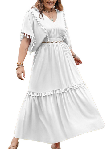 Plus Size Tassel Smocked V-Neck Half Sleeve Dress