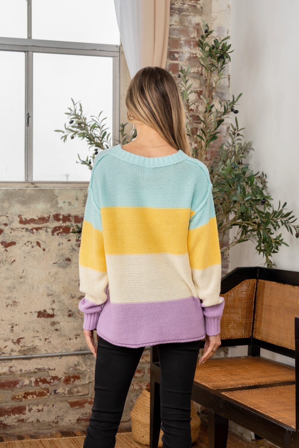 Full Size Color Block Exposed Seam Sweater