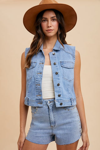 Collared Neck Button Down Denim Vest