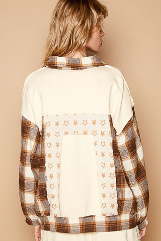 POL Plaid & Star Patchwork Contrast Long Sleeve Shocket