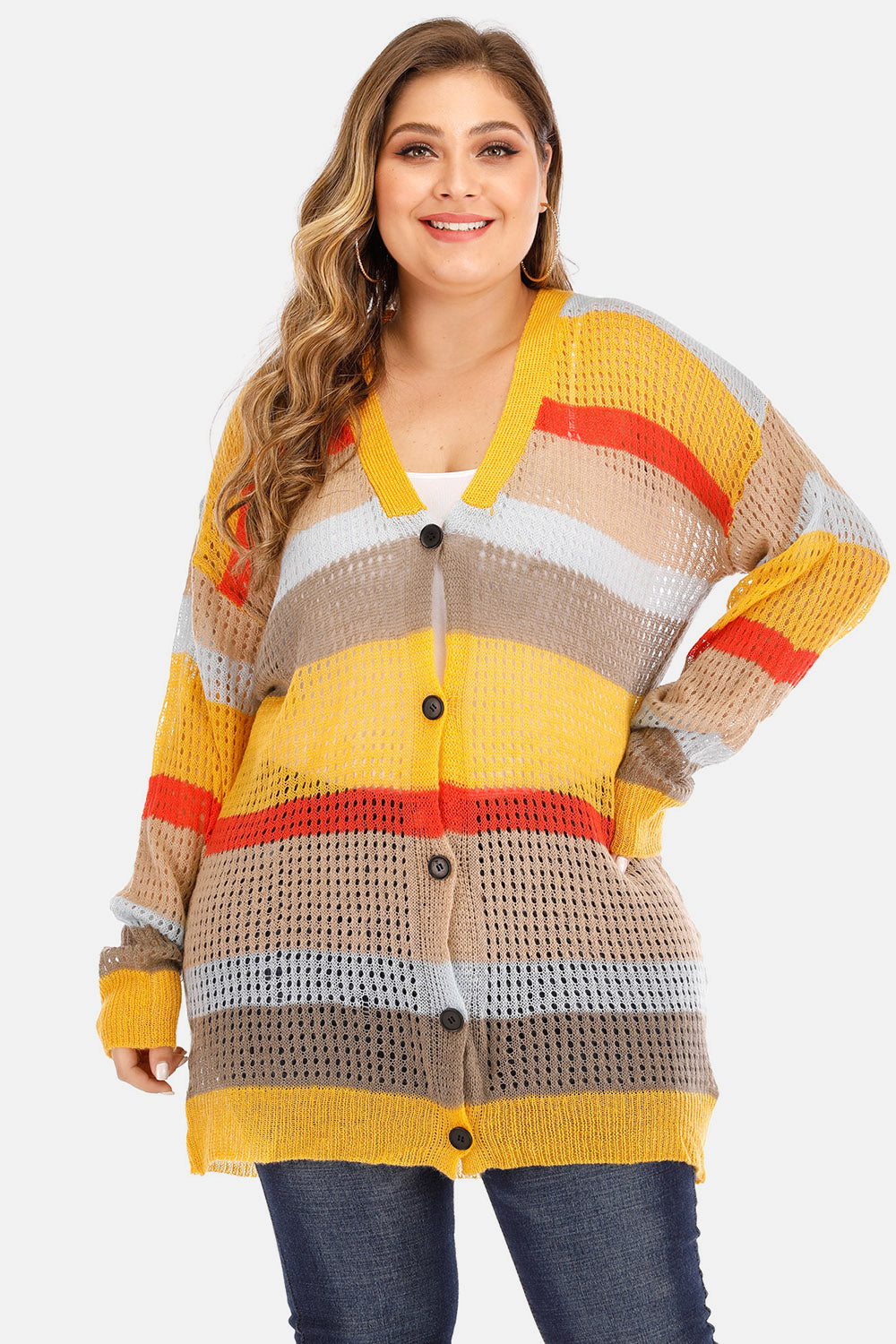 Plus  Color Block Button Up Cardigan