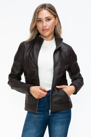 MI Faux Layered Double-Zipper Jacket with Fuzzy Hood