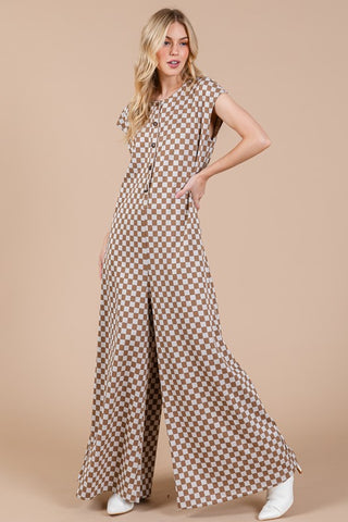 Checkered Half Button Cap Sleeve Jumpsuit