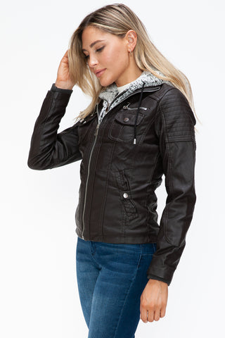 PMI Removable Faux Layered Multi-Pocket Jacket with Fuzzy Hood