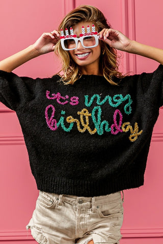 Bib Metallic Letter Puff Sleeve Hairy Sweater