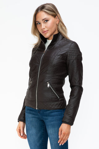 MI Faux Layered Double-Zipper Jacket with Fuzzy Hood