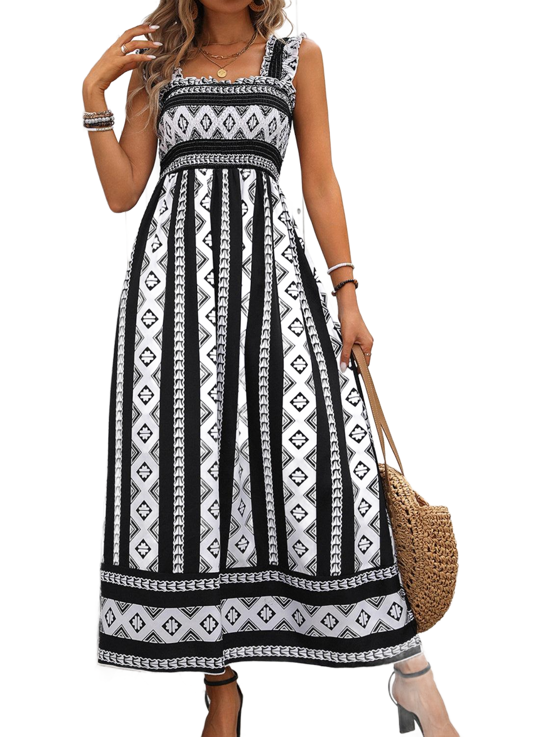 Printed Square Neck Wide Strap Cami Dress