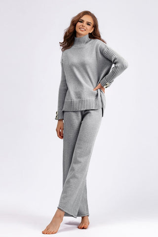 Basic Be High-Low Turtleneck Long Sleeve Top and Pants Sweater Set