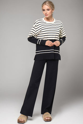 Basic BAE Striped Round Neck Long Sleeve Top and Pants Sweater Set