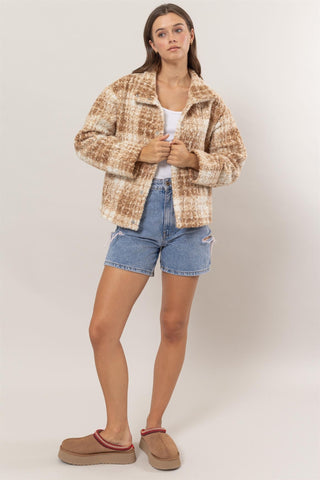 HYFVE Plaid Collared Neck Bouclé Jacket with Pockets