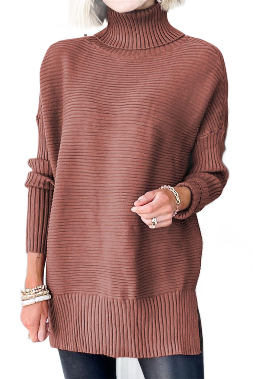 Ribbed Turtleneck Dropped Shoulder Pullover Sweater