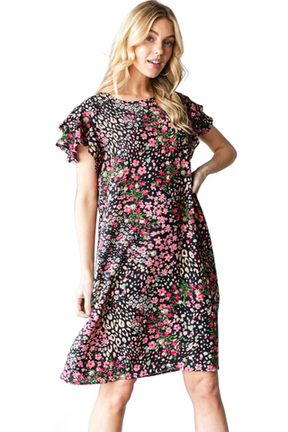 Full Size Printed Ruffled Short Sleeve Dress with Pockets