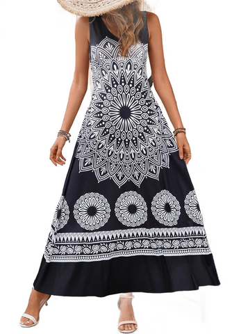 Printed Round Neck Sleeveless Dress