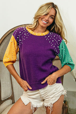 Color Block Pearl Detail Round Neck Sweater