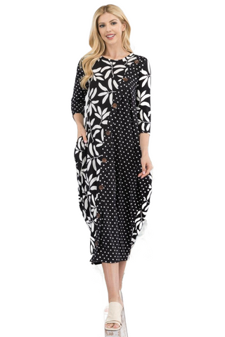 Full Size Floral Polka Dot Contrast Midi-Dress with Pockets