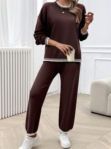 Round Neck Dropped Shoulder Top and Pants Sweater Set