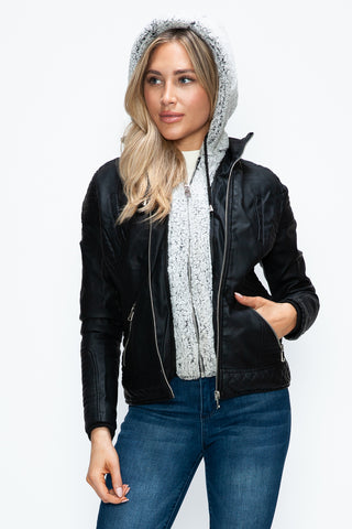 PMI Faux Layered Double-Zipper Jacket with Fuzzy Hood