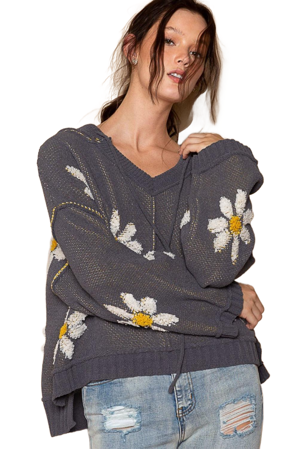 Floral Pattern Hooded High-Low Sweater