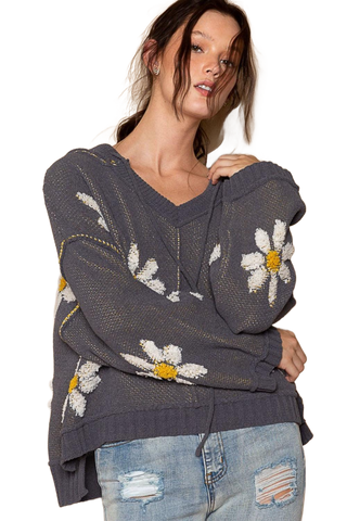 Floral Pattern Hooded High-Low Sweater