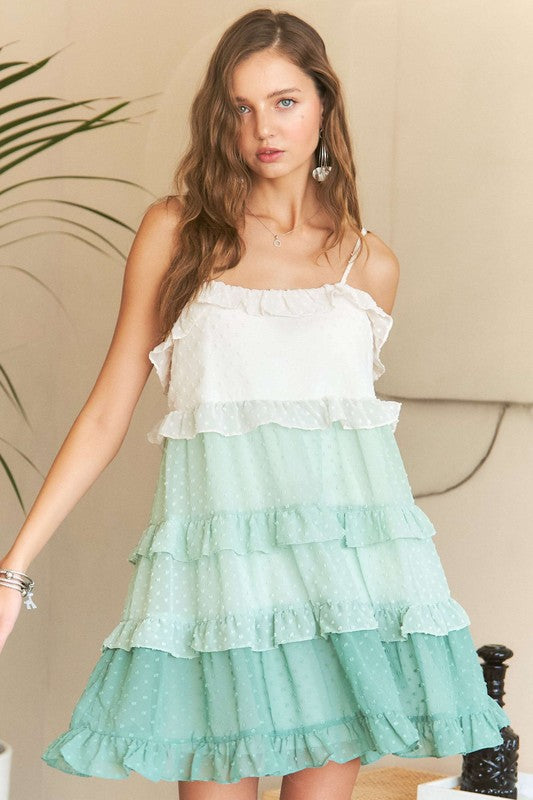 AL Swiss Dot Ruffled Tiered Mini Dress