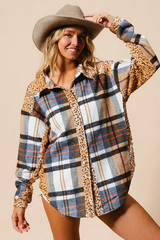 B Ibi Curved Hem Sequin Plaid Button Up Shocket