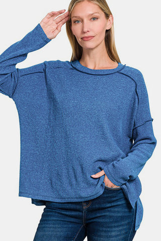 Full Size Exposed Seam Brushed Round Neck Sweater