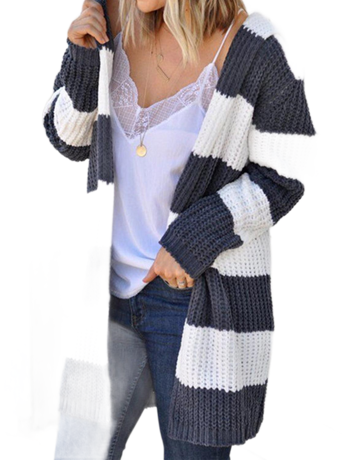 Striped Open Front Hooded Cardigan