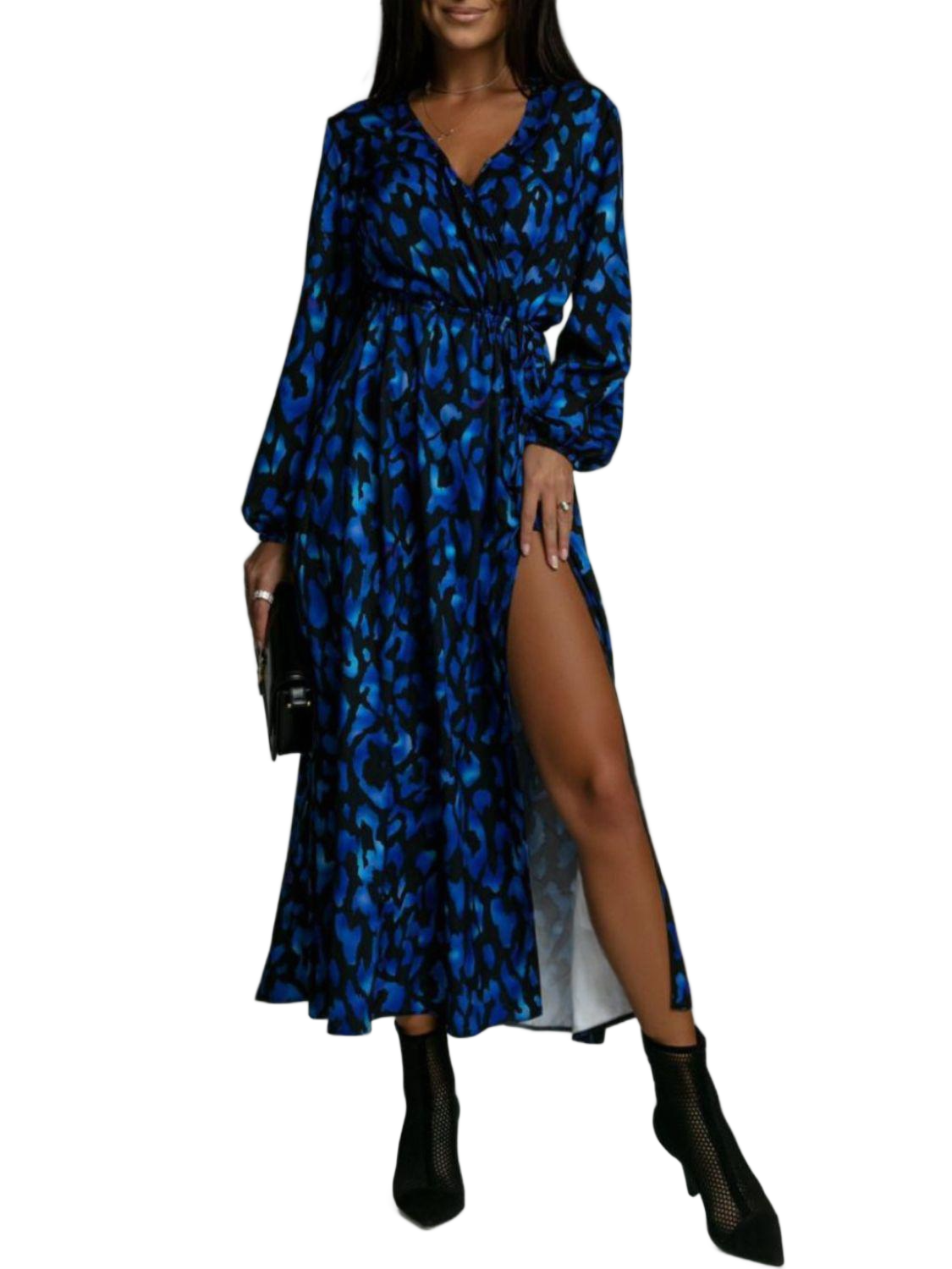 Slit Printed Surplice Long Sleeve Dress