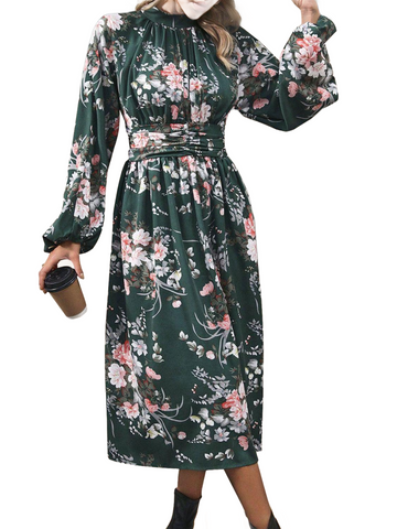 Ruched Printed Mock Neck Long Sleeve Midi Dress