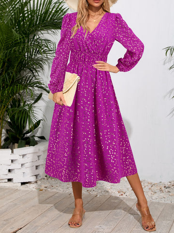 Printed Surplice Long Sleeve Midi Dress