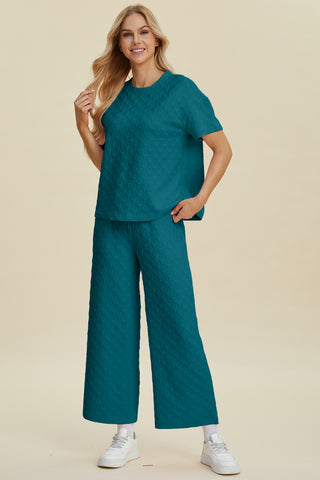 Full Size Texture Round Neck Short Sleeve Top and Pants Set