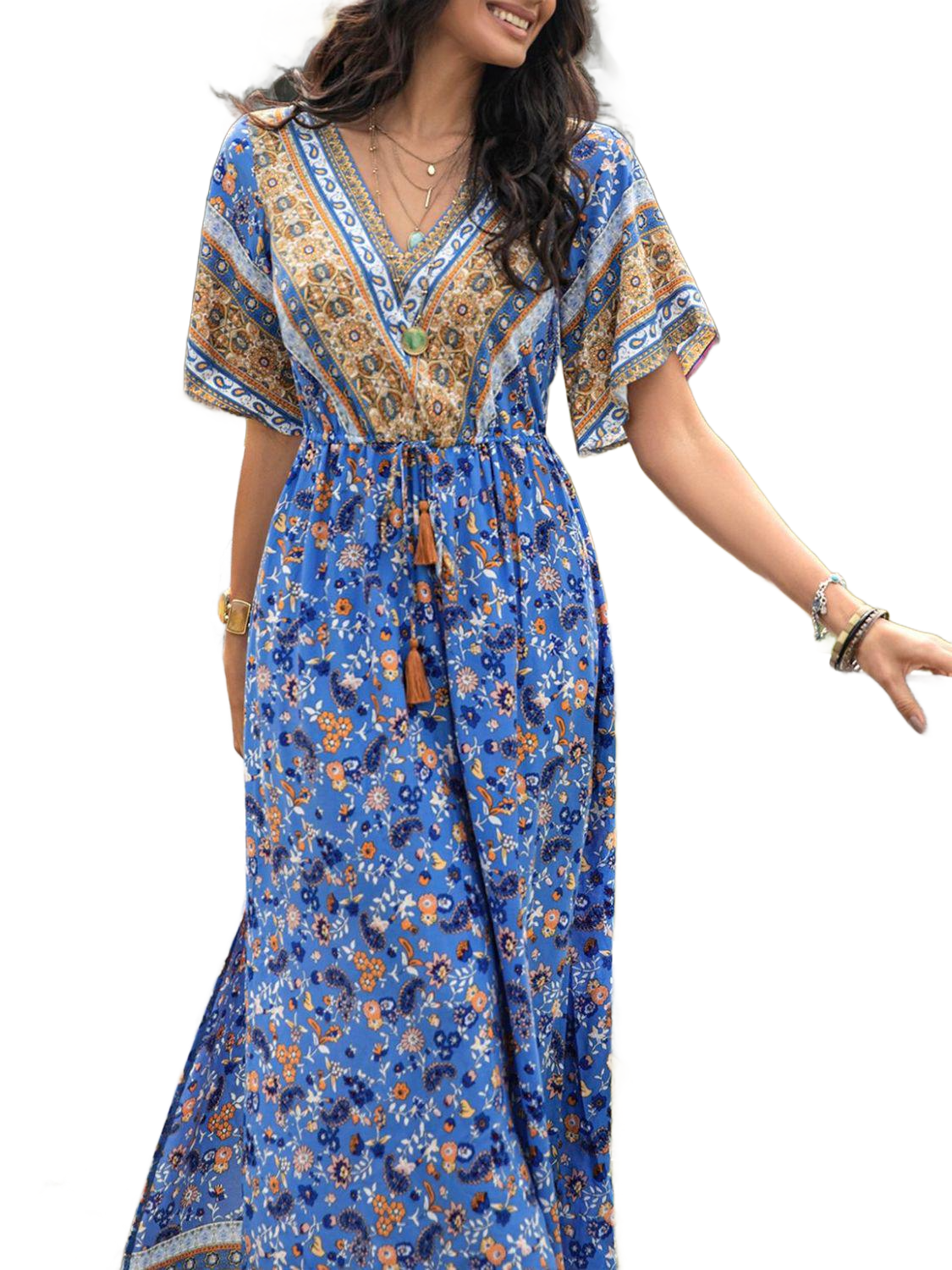 Slit Printed V-Neck Half Sleeve Maxi Dress