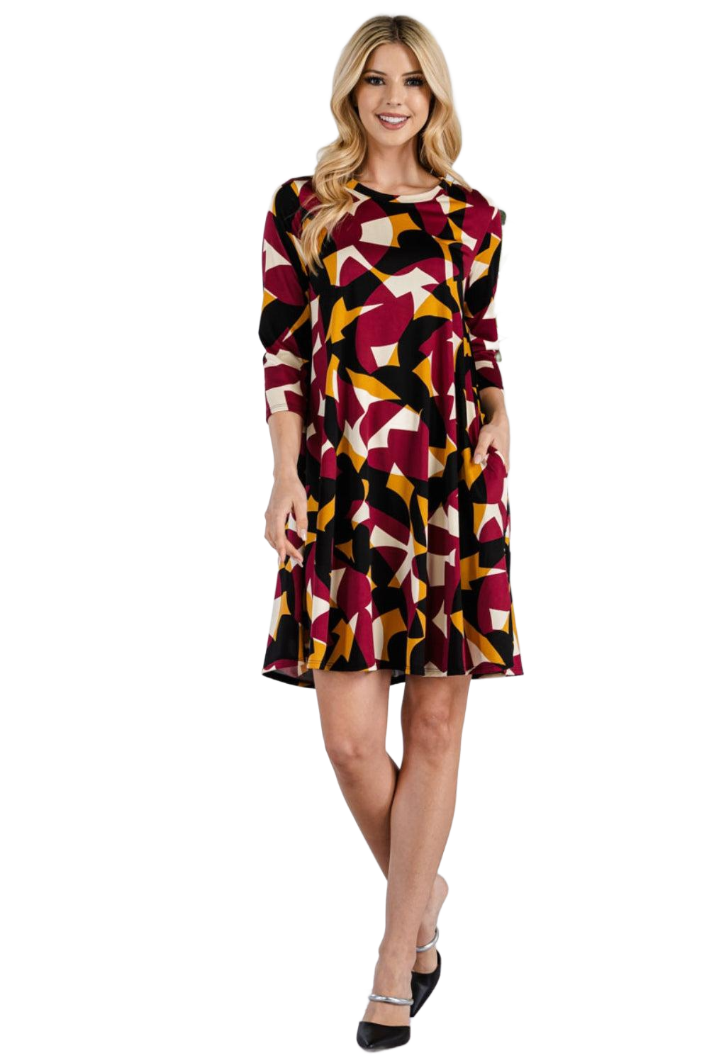 Full Size Geometric Round Neck Dress with Pockets