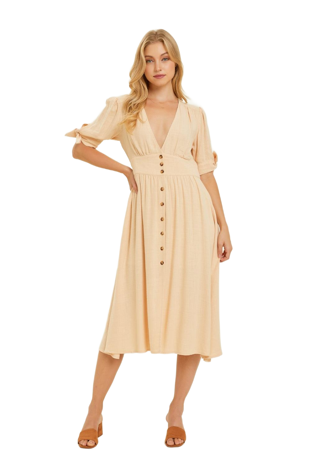 Full Size Textured Linen V-Neck Button-Down Midi Dress