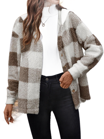 Fuzzy Plaid Button Up Hooded Jacket