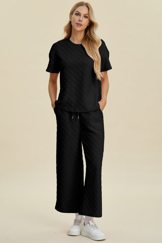 Full Size Texture Round Neck Short Sleeve Top and Pants Set