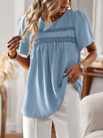 Lace Detail Round Neck Short Sleeve Blouse