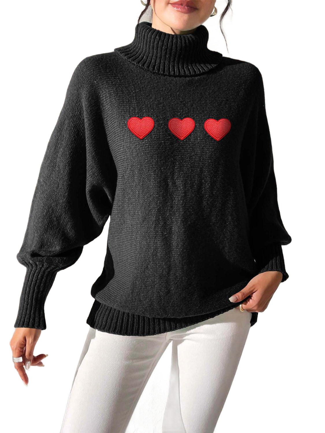 Heart Turtleneck Long Sleeve Sweater