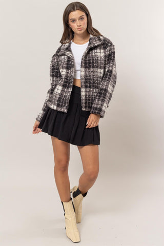 HAYFEVER Plaid Collared Neck Bouclé Jacket with Pockets