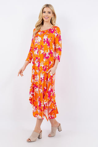 Full Size Pick-Up Hem Asymmetric Floral Midi Dress