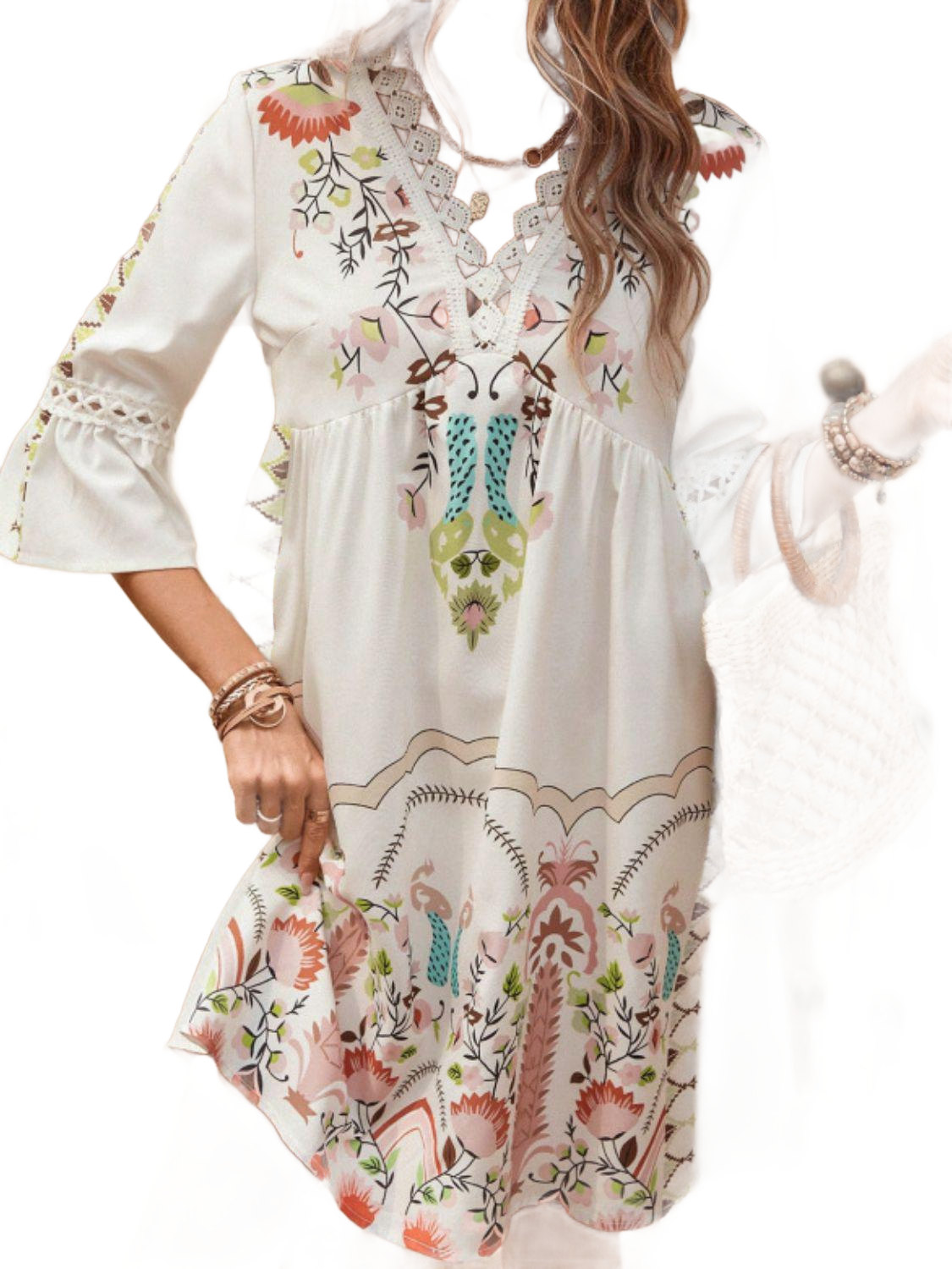 Lace Detail Printed Three-Quarter Sleeve Dress