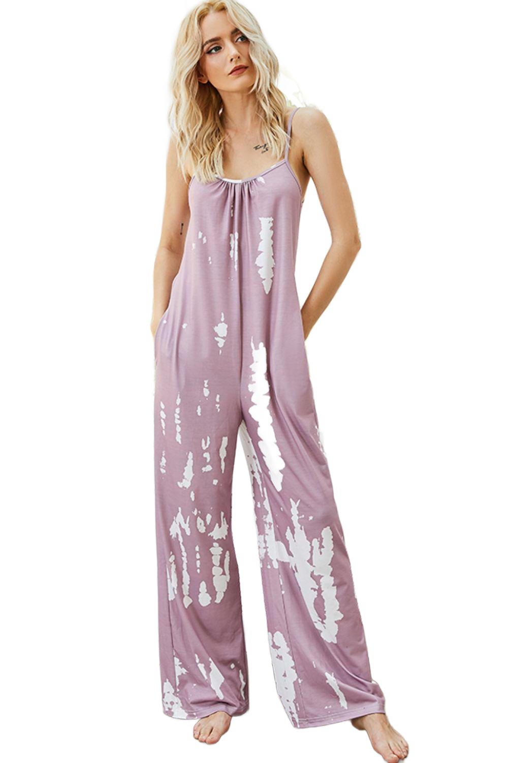 Shiny Tie-Dye Spaghetti Strap Jumpsuit with Pockets