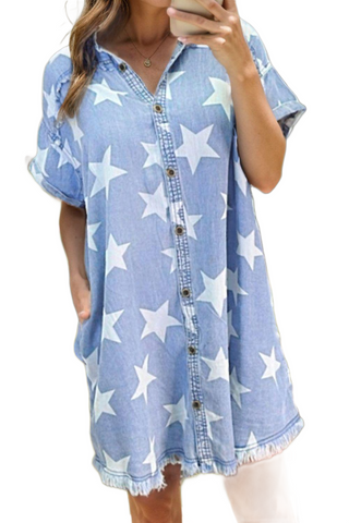 Raw Hem Star Short Sleeve Denim Dress