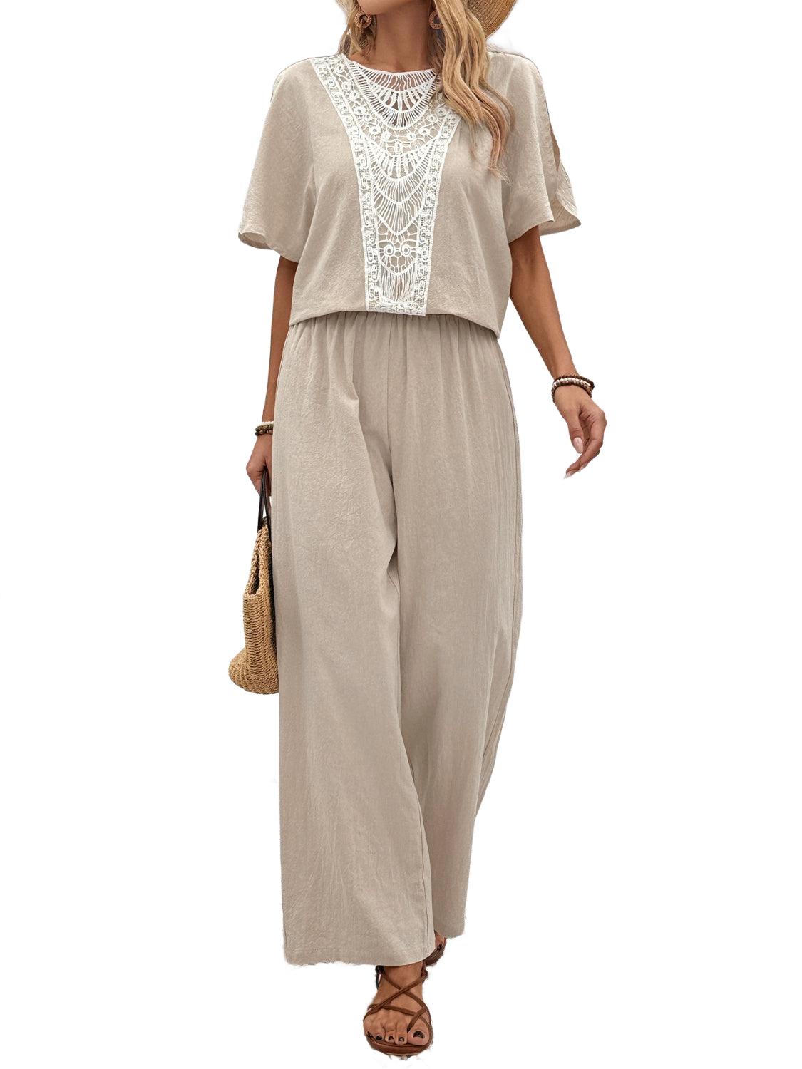 Lace Detail Round Neck Top and Pants Set