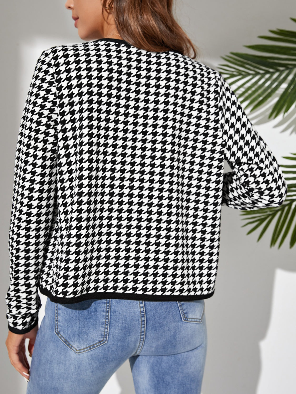 Hounds tooth Open Front Long Sleeve Jacket