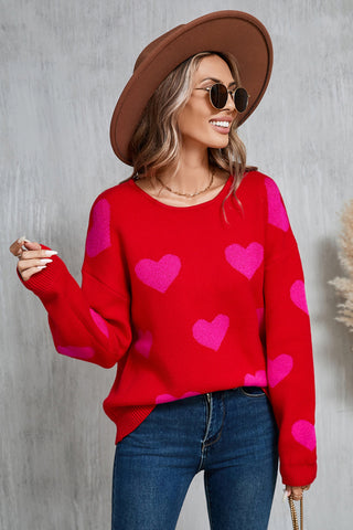 Heart Round Neck Dropped Shoulder Sweater