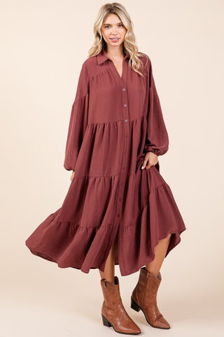 Photoshop Tiered Button Down Long Sleeve Midi Dress