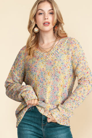 Feathered V-Neck Dropped Shoulder Sweater