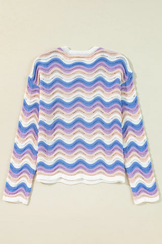 Contrast Wave Stripe Long Sleeve Sweater